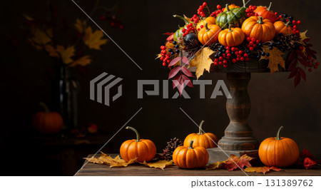 Rustic fall composition with pumpkins, leaves, and berries. Celebrating nature rich seasonal bounty. 131389762