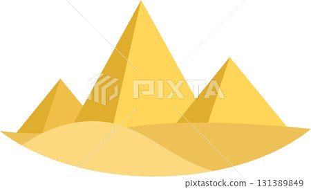 Golden pyramids rise from sandy dunes under a clear sky, ancient wonders of the desert landscape. Golden pyramids rise from sandy dunes under a clear sky, ancient wonders of the desert landscape. 131389849