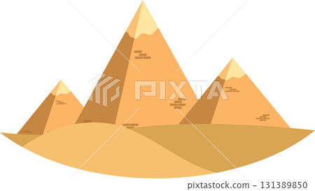 Cartoon pyramids sit atop a dune field under a black sky, with brick like decorations. 131389850