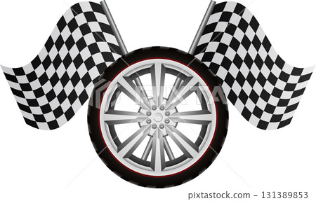 Racing excitement: Car wheel with checkered flags, symbolizing speed, competition, and victory 131389853