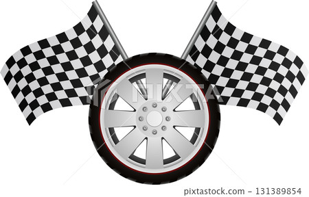 Racing imagery displaying a tire and wheel surrounded by a pair of checkered racing flags. 131389854