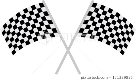 Two crossed black and white checkered flags represent the finish line of a racing competition. 131389855