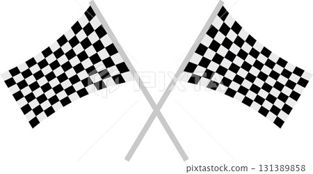 Black and white checkered flags are crossed, symbolizing the end of a race, competition, or event. Black and white checkered flags are crossed, symbolizing the end of a race, competition, or event. 131389858