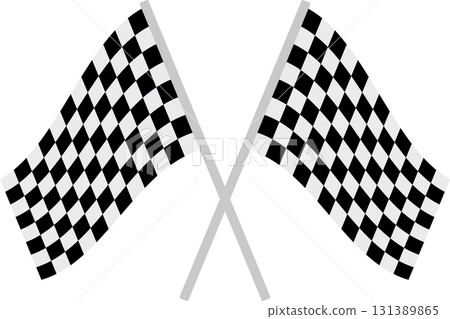 Two black and white checkered flags crossed, signaling the end of a competition or the finish line. 131389865