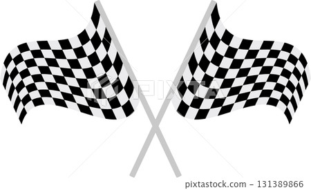 Two checkered flags intersect against a black background, symbolizing racing or competition. Two checkered flags intersect against a black background, symbolizing racing or competition. 131389866