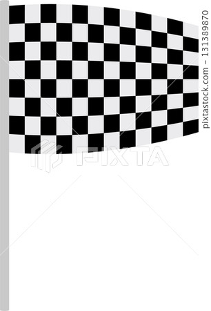 Waving black and white checkered flag atop a grey pole, signifying the end of a race. 131389870