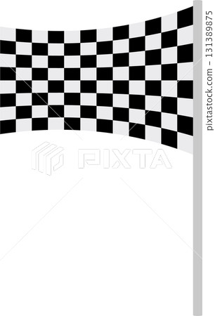 Checkered flag waving on a gray pole against a black background, symbolizing victory. 131389875