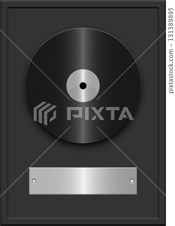 A black vinyl record on a black framed display with a metallic plaque for text on the bottom. 131389895