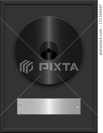 A black vinyl record displayed on a black framed background with a silver label beneath it. 131389897