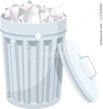 A shiny, light blue trash can is overflowing with crumpled white paper; lid is leaning open 131389899