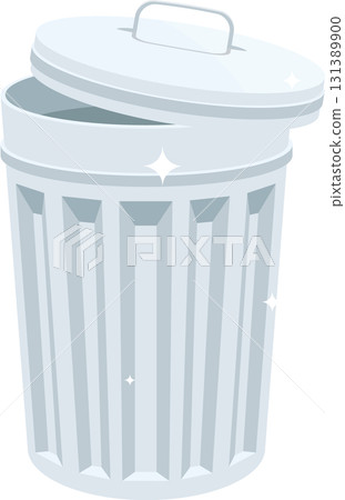 A light blue garbage can, with a removable lid that is slightly open, set against a black background. 131389900