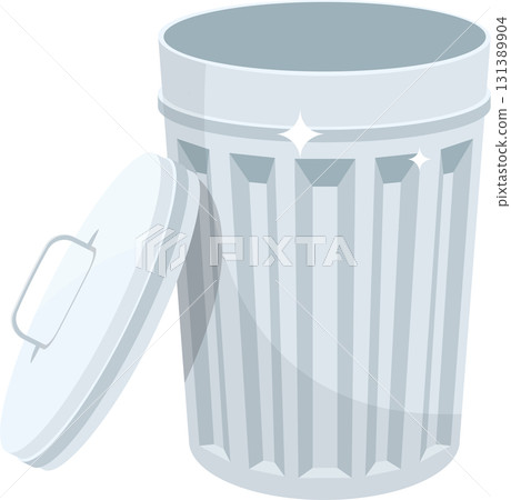 A shiny, silver-colored trash can stands with its lid ajar, seemingly unused and clean. 131389904