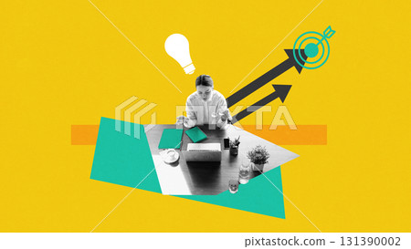 Colorful poster. Focused businesswoman working at desk with growth arrows and lightbulb concept 131390002