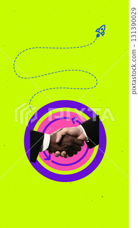Modern collage. Diverse handshake with rocket trajectory and cultural symbolic emotion Modern collage. Diverse handshake with rocket trajectory and cultural symbolic emotion 131390029