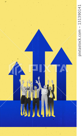 Digital collage. Team of businesspeople raising hands with upward arrows and joyful collective emotion Digital collage. Team of businesspeople raising hands with upward arrows and joyful collective emotion 131390141