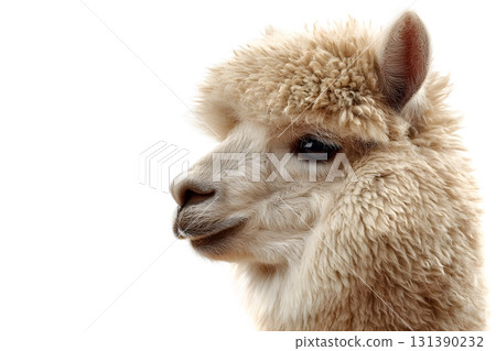 A fluffy animal looks out from a white background. 131390232