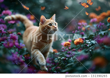 A cute cat walks among colorful flowers with butterflies flying around it. A cute cat walks among colorful flowers with butterflies flying around it. 131390265