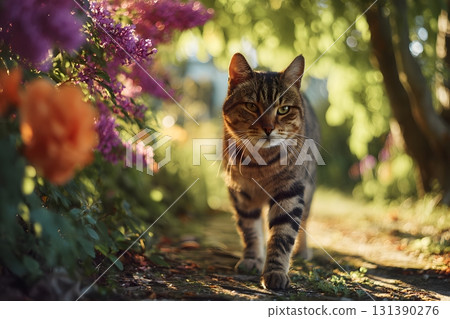 A cute cat walks down a sunny garden path among flowers. 131390276