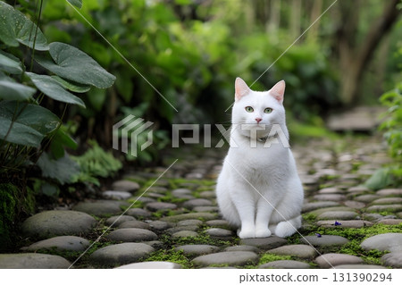 A white cat sits patiently on a stone path surrounded by lush green plants. 131390294