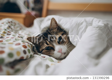 A cute cat rests warmly tucked into a soft white blanket. 131390296
