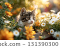A cute cat hides among colorful flowers, looking out curiously with bright eyes. 131390300