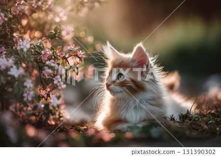 A cute cat rests near blooming flowers in soft golden light. 131390302