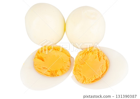Boiled Egg Halves on White Background 131390387