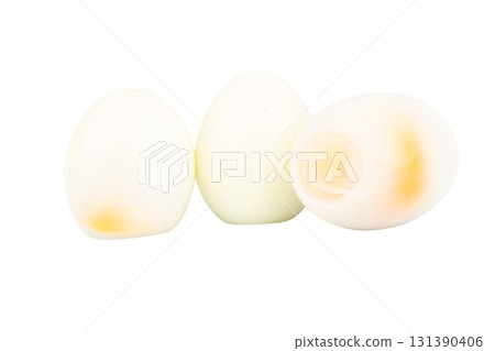 Boiled Egg Halves on White Background 131390406