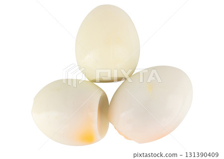 Boiled Egg Halves on White Background 131390409