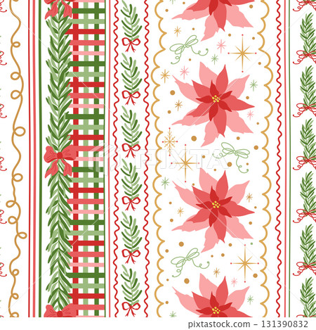 Christmas striped seamless pattern hand-drawn from plaid, bows, flowers, stars, fir tree branches in vector. Christmas striped seamless pattern hand-drawn from plaid, bows, flowers, stars, fir tree branches in vector. 131390832