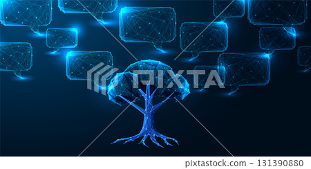 AI nature and knowledge network concept with digital tree and polygonal speech bubble communication 131390880