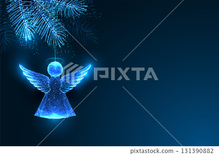 Futuristic glowing angel hanging from pine branch, Christmas vector illustration on blue background 131390882
