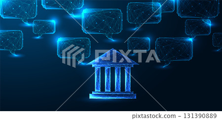 Digital democracy, e-government communication concept. Glowing polygonal courthouse and chat icons Digital democracy, e-government communication concept. Glowing polygonal courthouse and chat icons 131390889