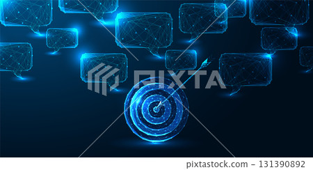 AI communication targeting concept. Digital dartboard and speech bubbles on futuristic background AI communication targeting concept. Digital dartboard and speech bubbles on futuristic background 131390892