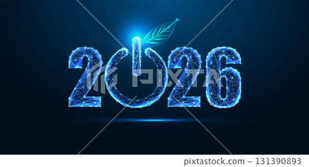 2026 New Year eco green power button with leaf in glowing digital low poly vector illustration 131390893