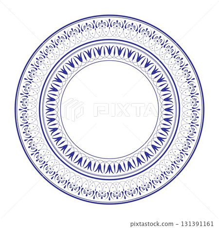 An elegant round frame in blue and white, decorated with stylized floral and botanical motifs. This sophisticated frame exudes classic elegance and is ideal for decorating signs, logos, and monograms. An elegant round frame in blue and white, decorated with stylized floral and botanical motifs. This sophisticated frame exudes classic elegance and is ideal for decorating signs, logos, and monograms. 131391161