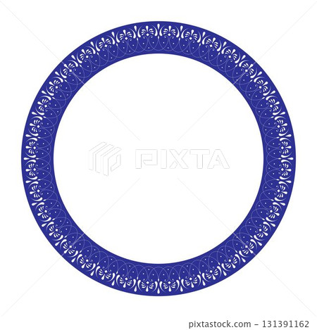 Blue round decorative frame with an intricate white floral, swirl pattern for traditional ceramic, porcelain pieces. This elegant round frame is perfect for decorating invitations, labels, monograms 131391162