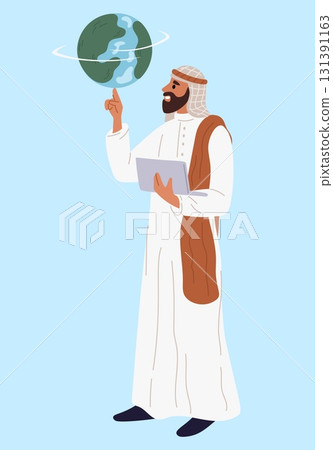Arab male businessman in traditional muslim dress spins planet Earth on finger. International business. Global communication. Arabian man in abaya. Standing Saudi man. Vector concept 131391163