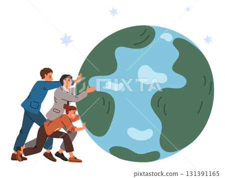Businesspeople drive world forward. Men and women participate in development of global processes. Group of tiny people pushing with efforts big Earth planet together. Vector concept Businesspeople drive world forward. Men and women participate in development of global processes. Group of tiny people pushing with efforts big Earth planet together. Vector concept 131391165