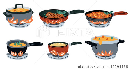 Frying pans and pots with food cooking on gas burners with flames. Meal preparation process. Pasta and porridge preparing. Meat steak on saucepan. Kitchen ovens. Vector kitchenware set Frying pans and pots with food cooking on gas burners with flames. Meal preparation process. Pasta and porridge preparing. Meat steak on saucepan. Kitchen ovens. Vector kitchenware set 131391188