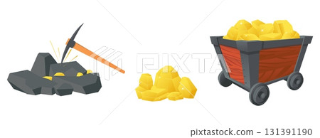 Gold mining using golden ore. Miners metal pickaxe and railway trolley. Hammer for pit stone digging. Natural resources. Isolated treasure heap. Vector industrial goldmine tools set 131391190