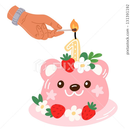 Hand lights candle on cake shaped like number one with match. Celebrating birthday. Anniversary dessert. Sweet food for holiday. Arm burning candlestick. Bear face pastry. Vector concept 131391192