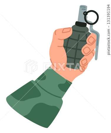 Hand of soldier in camouflage clothing holding fragmentation grenade. Explosive army weapon. Throw bomb with detonator. Dangerous dynamite explosion. Gunpowder detonation. Vector concept Hand of soldier in camouflage clothing holding fragmentation grenade. Explosive army weapon. Throw bomb with detonator. Dangerous dynamite explosion. Gunpowder detonation. Vector concept 131391194