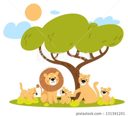 Lion, lioness, and their little cubs are relaxing under canopy of tree in savannah. Cute cartoon animals in nature. African safari panorama. Cartoon predator mammals. Vector concept Lion, lioness, and their little cubs are relaxing under canopy of tree in savannah. Cute cartoon animals in nature. African safari panorama. Cartoon predator mammals. Vector concept 131391201