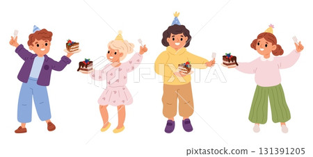 Little girls and boys at party with pieces of cake in their hands. Kids celebrating birthday. Young people holding dessert plates and eating anniversary pastry together. Vector concept 131391205