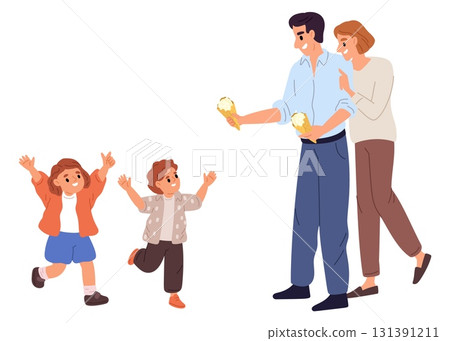 Loving parents treat children to ice cream. Man gives candy to boy and girl. Family having fun together. Mather and father gifting refreshing dessert. People eat popsicle. Vector concept Loving parents treat children to ice cream. Man gives candy to boy and girl. Family having fun together. Mather and father gifting refreshing dessert. People eat popsicle. Vector concept 131391211