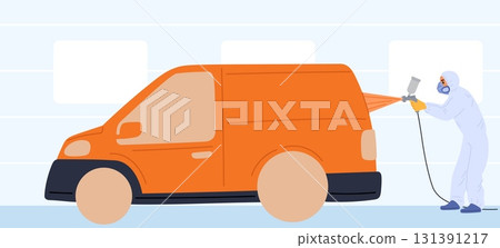 Man in protective suit and respirator painting car in paint room. Auto service. Worker spraying paint at automobile cabin. Vehicle tuning and repair. Airbrush aerosol. Vector concept 131391217