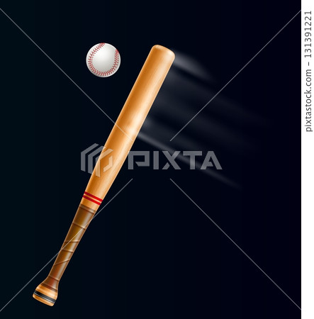 Realistic baseball bat hitting ball on dark background. Professional sport competition. Athletic competitive team game. Swing motion air trace. Baseballer equipment. Vector 3D object 131391221