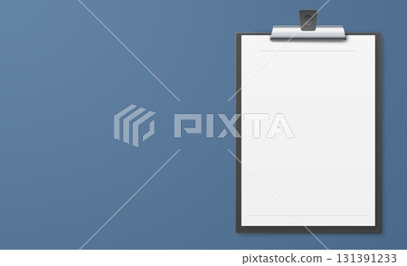 Realistic clipboard with white blank sheet of paper. Business tablet layout. Empty background. Office stationery front view. Page board binder. Blank notepaper. Vector 3D object mockup 131391233