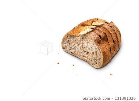 Sliced sourdough bread loaf on white background 131391326